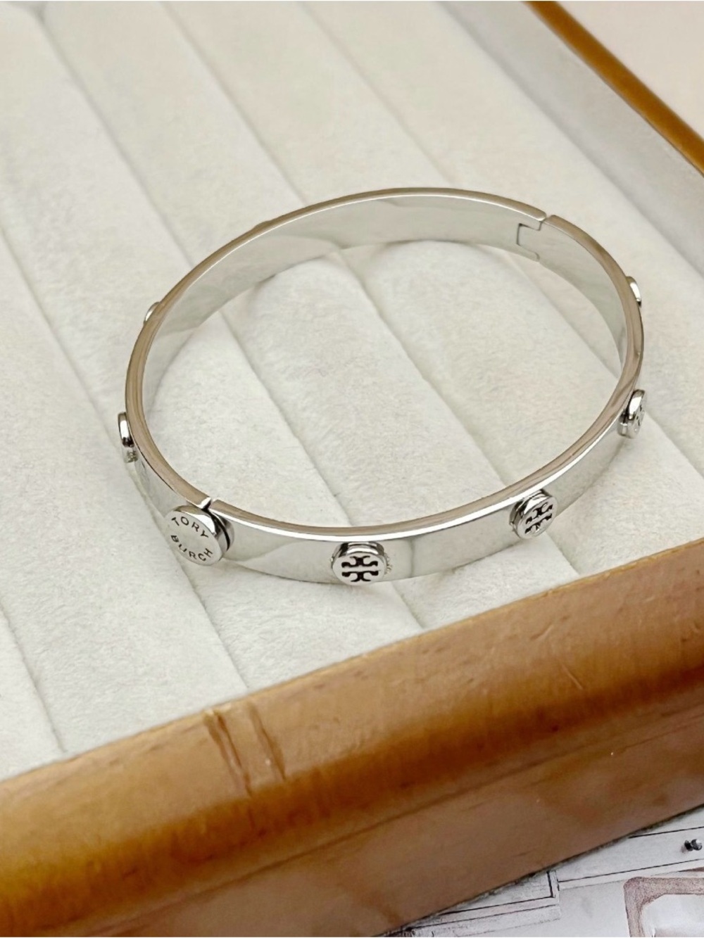Tory Burch Silver Logo Stud Hinged Bangle Bracelet